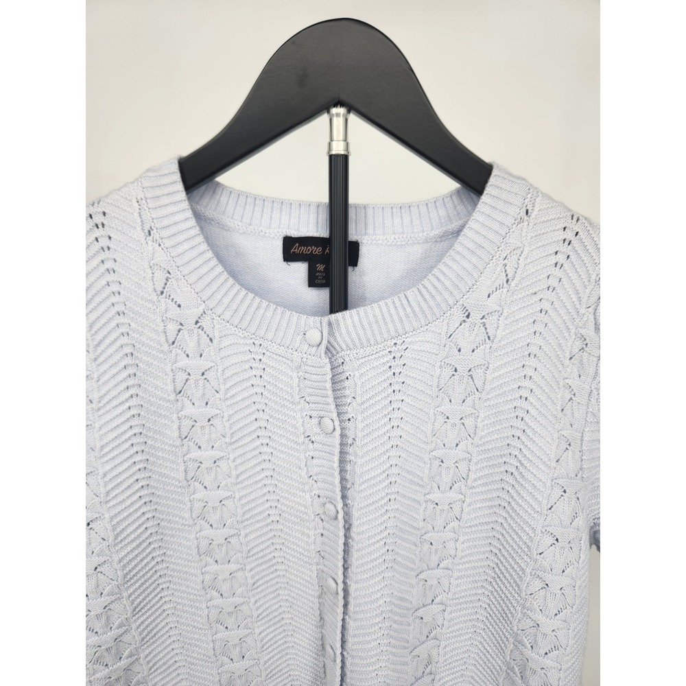 Amore Rose Womens Light Blue Short Sleeve Pointelle Knit Cardigan Sweater Size M - Picture 3 of 6
